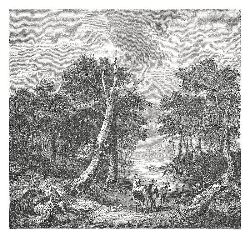Jacques Ruisdael景观(古董版画)